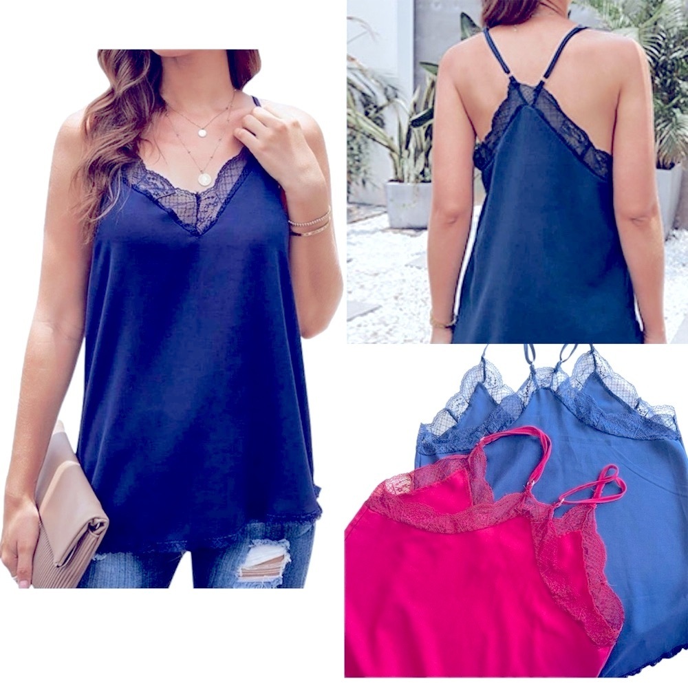 2 Lace V Neck Camisole Casual Loose Strappy Shirt tanks.